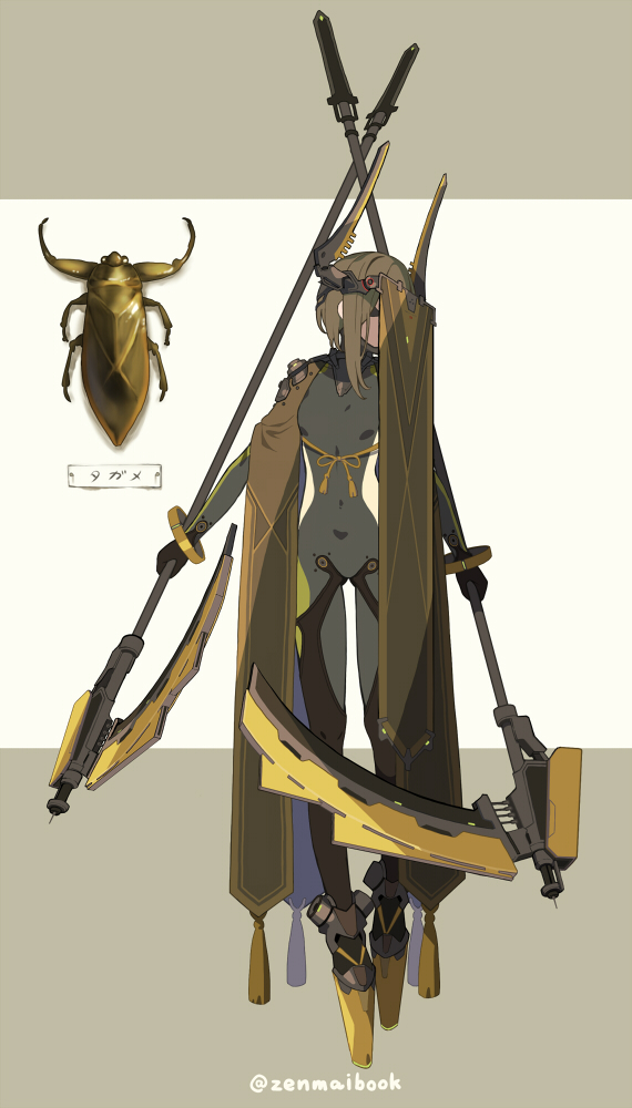 1girl, black_bodysuit, bodysuit, breasts, brown_hair, bug, covered_face, covered_navel, full_body, holding, long_hair, long_sleeves, mecha_musume, original, small_breasts, solo, standing, tassel, translated, twitter_username, water_bug, zenmaibook