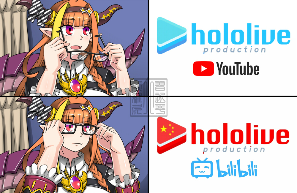 1girl, :d, bilibili, black-framed_eyewear, bow, company_name, dr._bug, dragon_horns, dragon_tail, fang, glasses, hololive, horn_bow, horn_ornament, horns, kiryu_coco, kiryu_coco_(1st_costume), long_hair, marvel, meme, open_mouth, orange_hair, people's_republic_of_china_flag, peter_parker's_glasses_(meme), pointy_ears, red_eyes, skin_fang, smile, spider-man, spider-man_(series), spider-man_1_(2002), striped_bow, tail, they_live, virtual_youtuber, youtube, youtube_logo