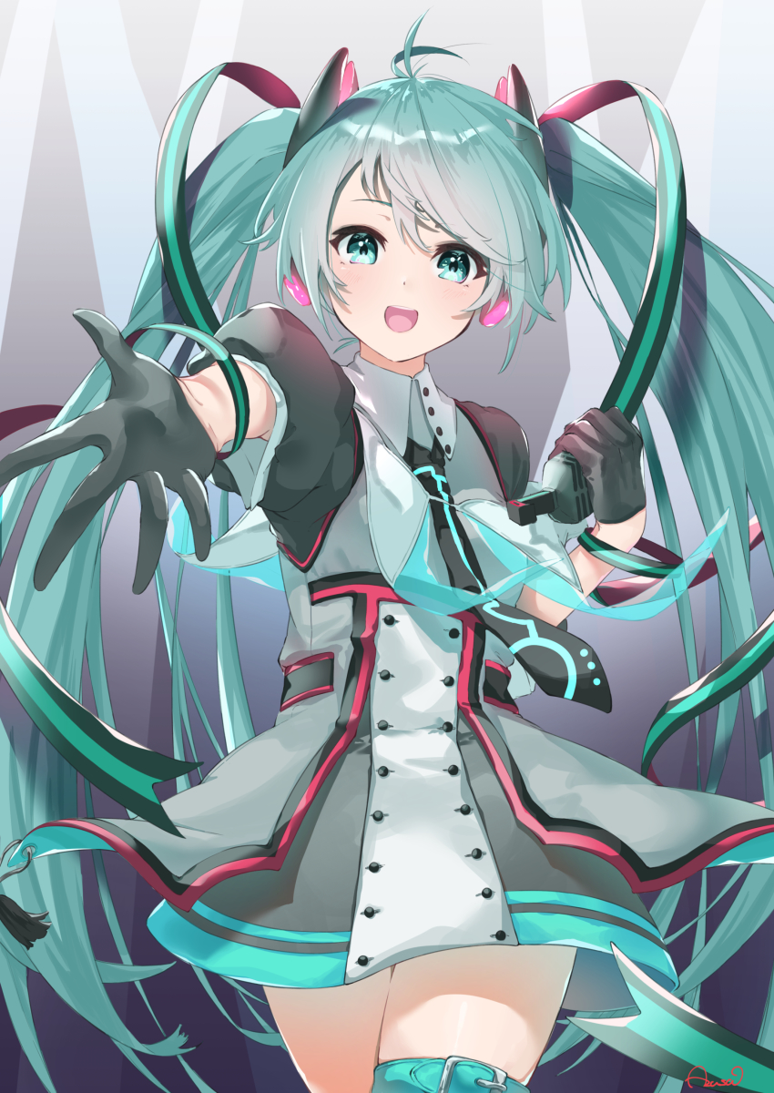 1girl, :d, absurdres, antenna_hair, aqua_eyes, aqua_hair, azusa_(azunyan12), black_gloves, black_necktie, cowboy_shot, dress, gloves, gradient_background, hair_ornament, hand_in_hand_(vocaloid), hatsune_miku, headpiece, highres, holding, long_hair, looking_at_viewer, magical_mirai_(vocaloid), magical_mirai_miku, magical_mirai_miku_(2015), microphone, multicolored_dress, necktie, open_mouth, outstretched_arm, outstretched_hand, puffy_sleeves, ribbon, short_sleeves, simple_background, smile, solo, striped_ribbon, swept_bangs, teeth, thigh_strap, twintails, upper_teeth_only, very_long_hair, vocaloid