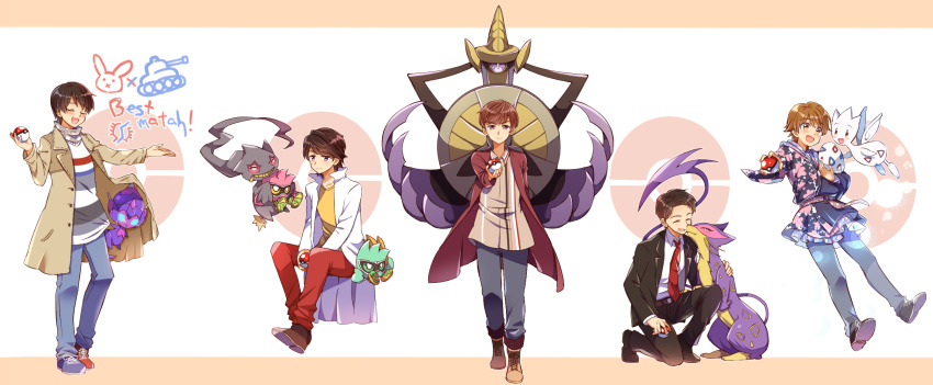 5boys, aegislash, banette, coat, crossover, egg, formal_clothes, gen_2_pokemon, gen_3_pokemon, gen_5_pokemon, gen_6_pokemon, gen_7_pokemon, highres, houjou_emu, kamen_rider, kamen_rider_build_(series), kamen_rider_drive_(series), kamen_rider_ex-aid_(series), kamen_rider_ghost_(series), kamen_rider_zi-o_(series), kiryuu_sento, lab_coat, liepard, multiple_boys, necktie, nintendo, on_one_knee, poipole, poke_ball, poke_ball_symbol, pokemon, pokemon_(creature), pokemon_egg, smile, standing, suit, tenkuuji_takeru, togetic, tokiwa_sougo, tomari_shinnosuke, ultra_beast, yoshino_(gunform)
