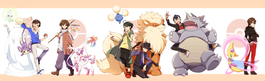 6+boys, aipom, ankh_(ooo), arcanine, briefs, carrying, celebi, cresselia, crossover, dual_persona, fedora, gen_1_pokemon, gen_2_pokemon, gen_4_pokemon, gen_6_pokemon, ghost, hat, hidari_shoutarou, highres, hino_eiji, hood, hoodie, jumpluff, kamen_rider, kamen_rider_fourze_(series), kamen_rider_gaim_(series), kamen_rider_ooo_(series), kamen_rider_w, kamen_rider_wizard_(series), kazuraba_kouta, kisaragi_gentarou, legendary_pokemon, male_underwear, multiple_boys, mythical_pokemon, necktie, nintendo, on_one_knee, philip_(kamen_rider), piggyback, poke_ball, poke_ball_symbol, pokemon, pokemon_(creature), pompadour, rhydon, scarf, smile, souma_haruto, standing, sylveon, underwear, yoshino_(gunform)