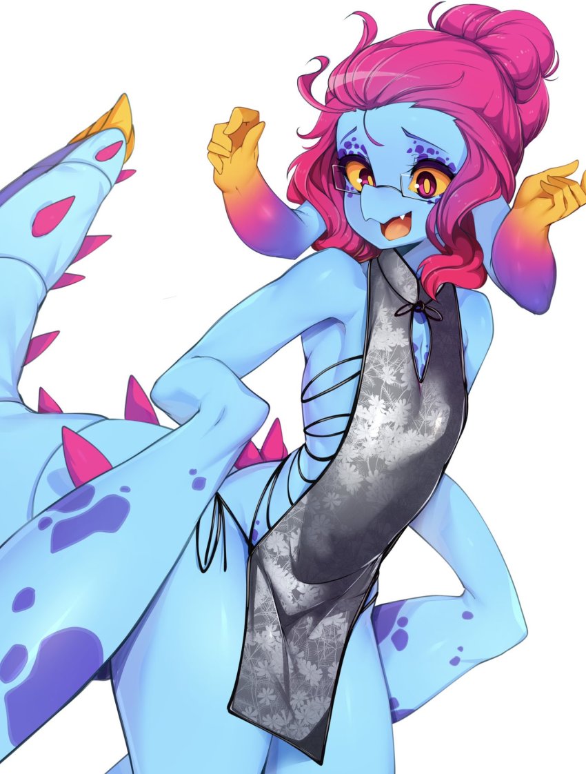 1girl, alternate_hairstyle, black_dress, blue_skin, colored_sclera, colored_skin, cteno_(slugbox), dress