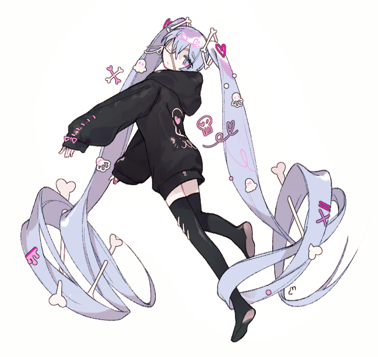 1girl, absurdly_long_hair, alternate_costume, black_hoodie, bone, boots, eyepatch, floating