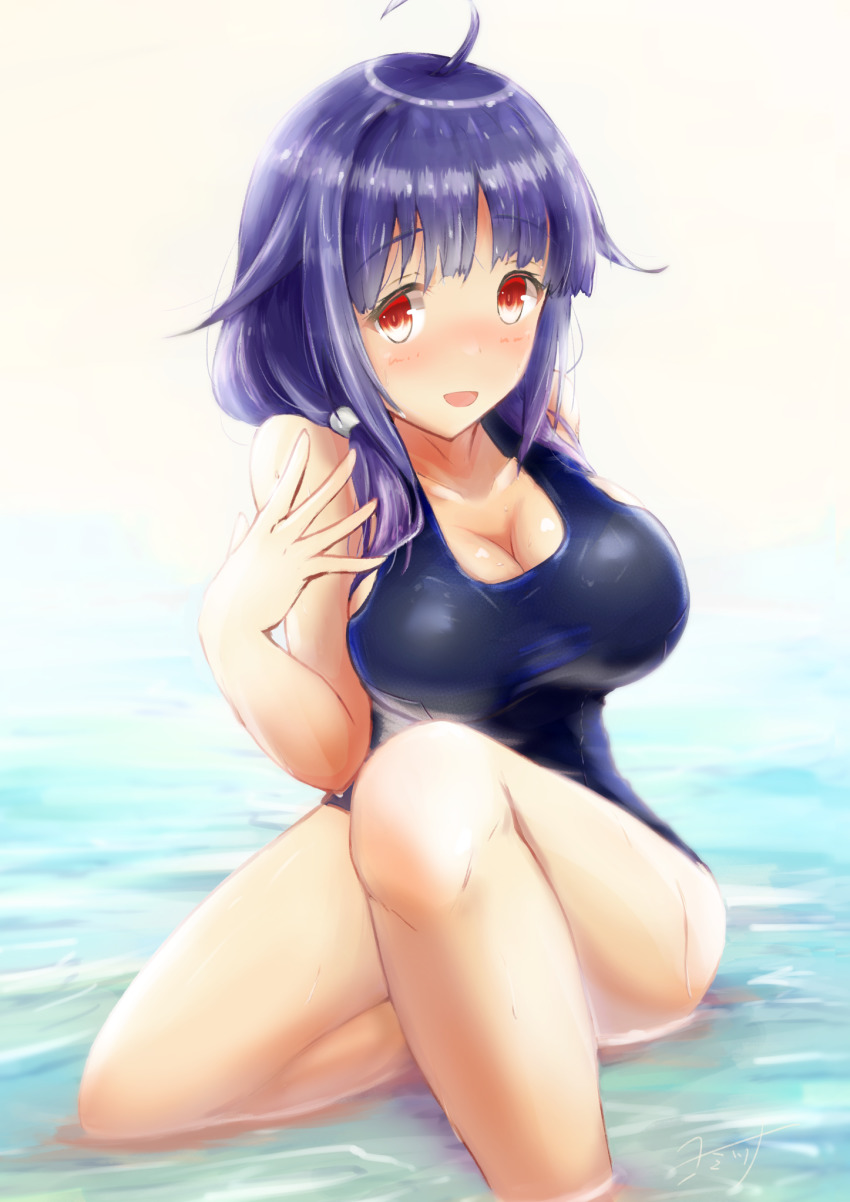 1girl, ahoge, blue_one-piece_swimsuit, blush, breasts, cleavage, collarbone, covered_navel