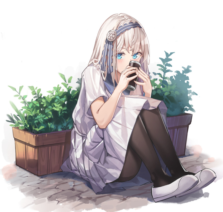 1girl, black_socks, blouse, blue_eyes, blue_hairband, blue_sailor_collar, blush, can, cchhii3, covered_mouth, dress, eyebrows_hidden_by_hair, hairband, hands_up, holding, holding_can, kaguya-sama_wa_kokurasetai_~tensai-tachi_no_renai_zunousen~, kneehighs, long_hair, looking_at_viewer, pantyhose, pleated_skirt, sailor_collar, school_uniform, serafuku, shirogane_kei, shirt, shoes, short_sleeves, shuuchiin_academy_school_uniform, skirt, socks, solo, striped_clothes, striped_hairband, very_long_hair, white_background, white_dress, white_hair, white_serafuku, white_shirt, white_shoes, white_skirt