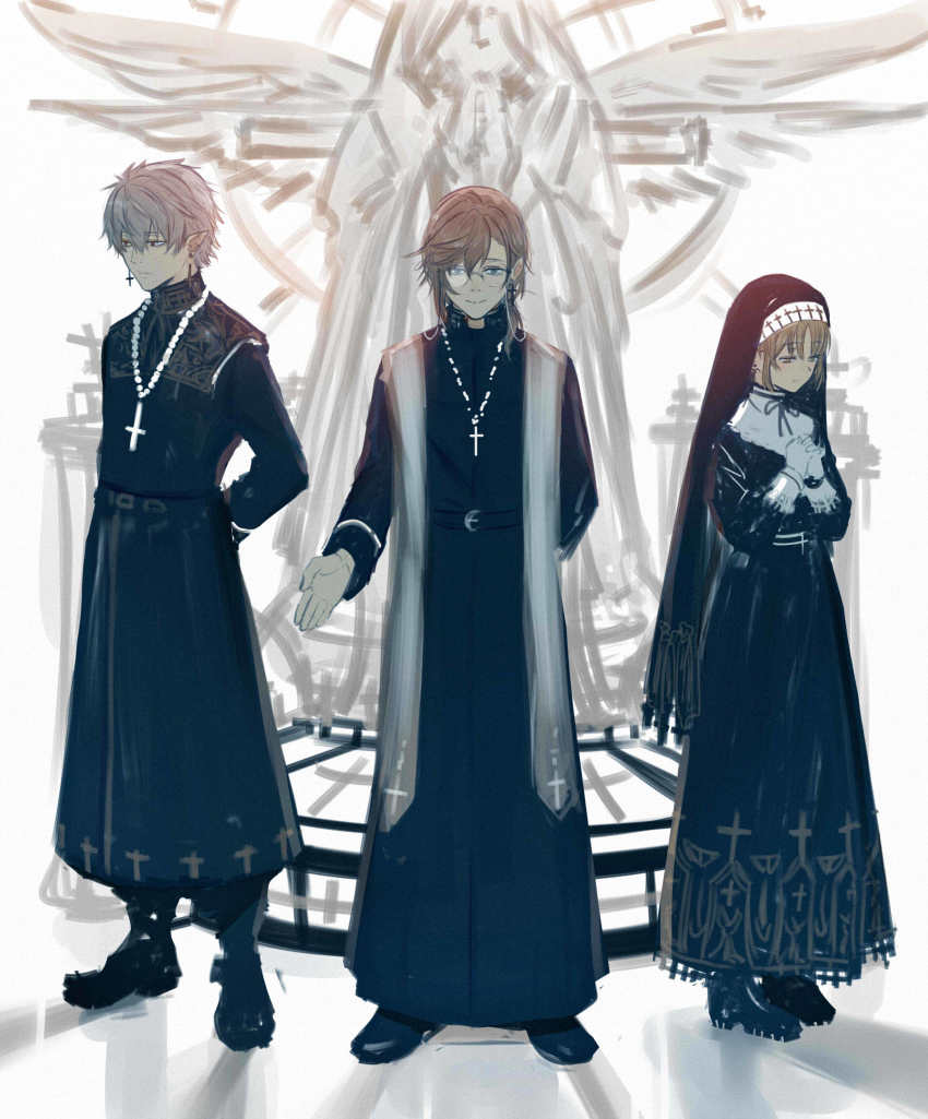 1girl, 2boys, angel_statue, arm_behind_back, arms_behind_back, black_dress, black_footwear, black_robe, brown_hair, closed_mouth, cross, cross_earrings, cross_necklace, dress, earrings, glasses, gloves, grey_background, habit, highres, isshiki_(ffmania7), jewelry, kanae_(5th_costume)_(nijisanji), kanae_(nijisanji), kuzuha_(nijisanji), latin_cross, long_hair, long_sleeves, looking_at_viewer, multiple_boys, necklace, nijisanji, nun, own_hands_clasped, own_hands_together, pointy_ears, robe, shoes, sister_claire, smile, statue, traditional_nun, veil, virtual_youtuber, white_gloves