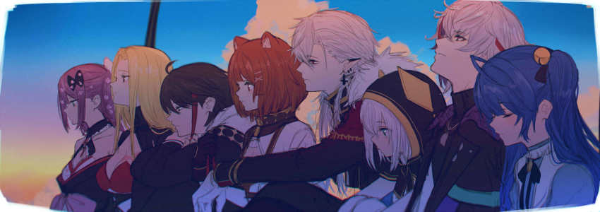 3boys, 5girls, ahoge, amamiya_kokoro, ars_almal, ars_almal_(1st_costume), bare_shoulders, bell