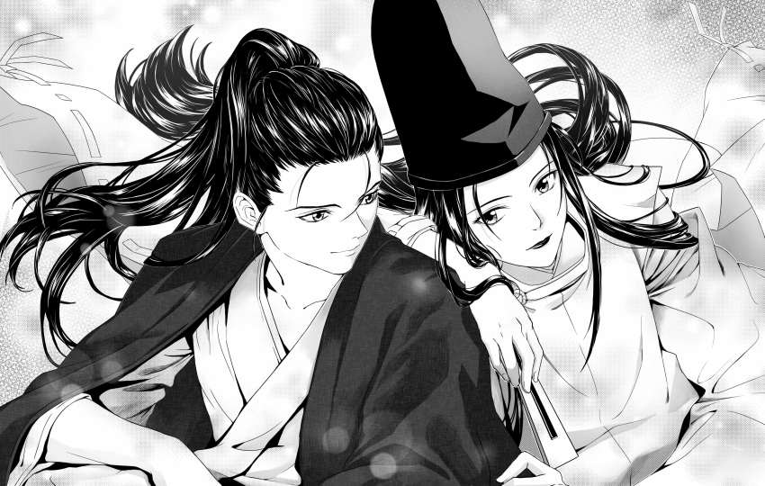 2boys, absurdres, antatica11, bishounen, collarbone, folded_fan, folding_fan, fujiwara_no_sai