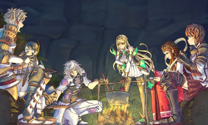 3boys, 3girls, addam_origo, blonde_hair, campfire, chest_jewel, cooking, dress