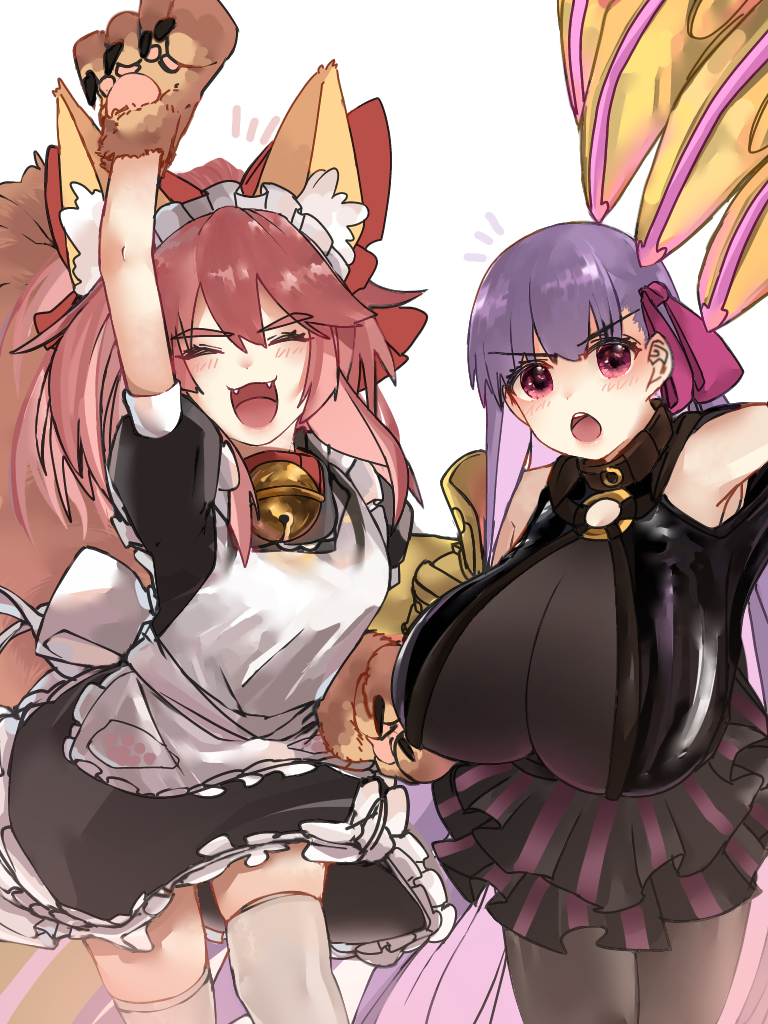 2girls, alternate_costume, animal_ear_fluff, animal_ears, animal_hands, anmochi_mochi, apron, bell