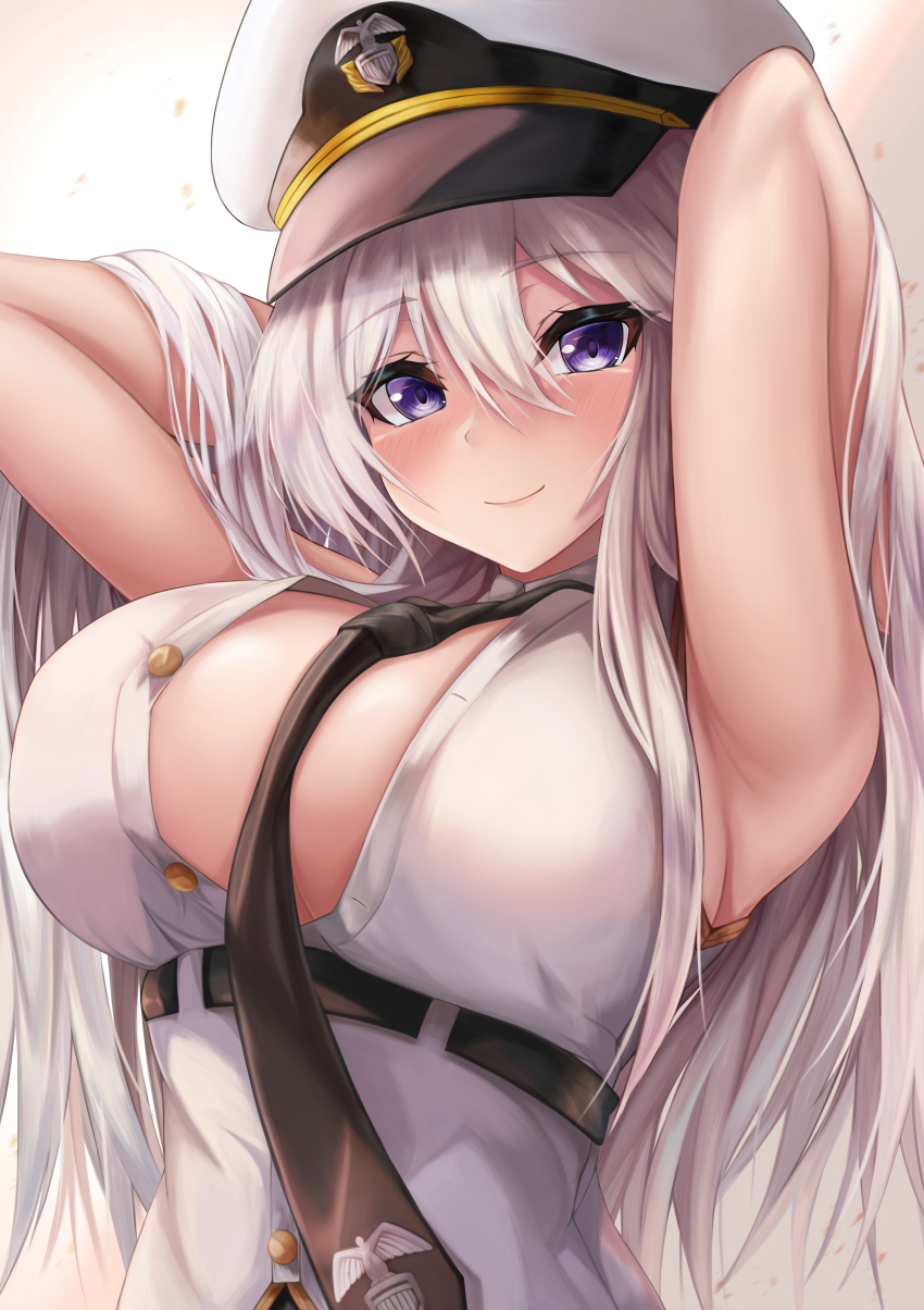 1girl, absurdres, armpit_crease, armpit_focus, armpits, arms_behind_head, azur_lane, bare_shoulders, black_necktie, blush, breasts, enterprise_(azur_lane), hat, highres, large_breasts, long_hair, looking_at_viewer, necktie, peaked_cap, purple_eyes, ryara, shirt, silver_hair, sleeveless, sleeveless_shirt, smile, solo, unbuttoned, underbust, very_long_hair