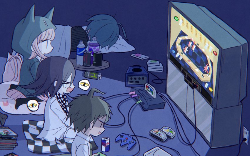 >_<, 1girl, 3boys, 8takenokonosato8, ahoge, backpack, bag, black_footwear