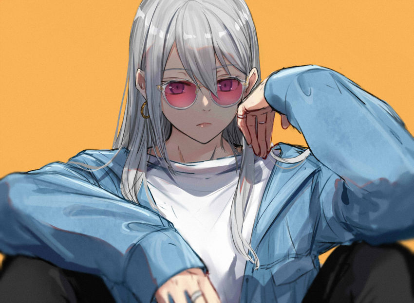 1girl, black_pants, blue_jacket, casual, closed_mouth, commentary, earrings, expressionless, hair_between_eyes, highres, higuchi_kaede, higuchi_kaede_(spring_casual), hoop_earrings, isshiki_(ffmania7), jacket, jewelry, lips, long_hair, long_sleeves, looking_at_viewer, mole, mole_under_eye, nijisanji, official_alternate_costume, open_clothes, open_jacket, orange_background, pants, pink-tinted_eyewear, pink-tinted_glasses, purple_eyes, ring, shirt, silver_hair, simple_background, sitting, solo, straight_hair, sunglasses, tinted_eyewear, upper_body, virtual_youtuber, white-framed_eyewear, white_shirt