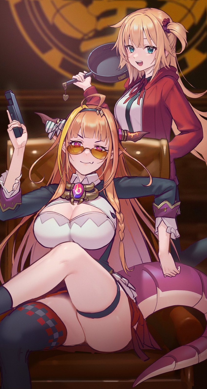 2girls, absurdres, ahoge, akai_haato, akai_haato_(loungewear), alternate_hairstyle, blonde_hair, blouse