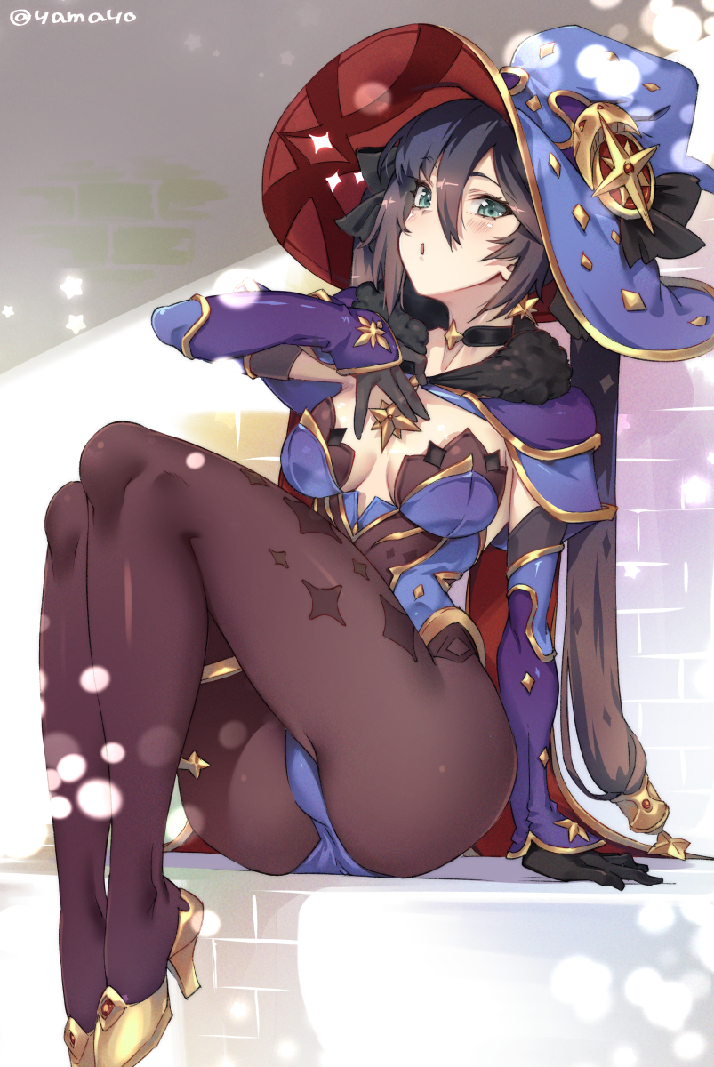 1girl, black_hair, black_pantyhose, blush, breasts, breasts_apart, earrings, genshin_impact