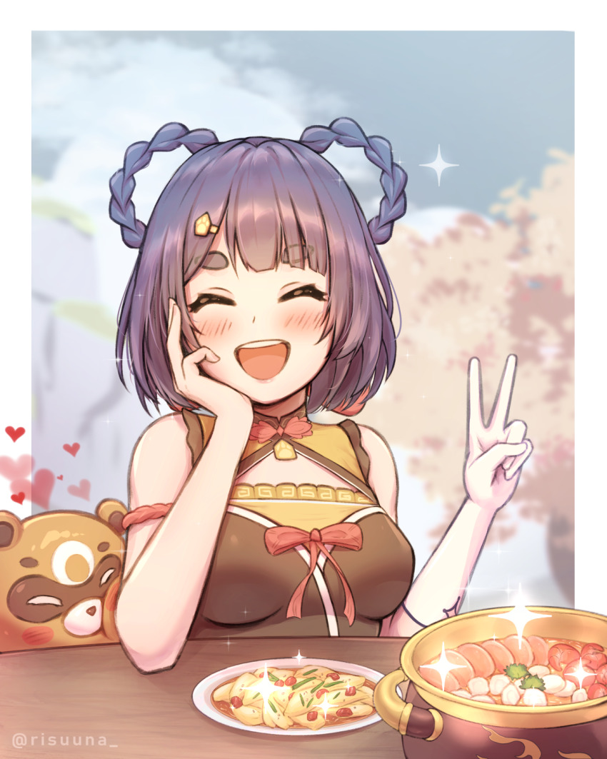 1girl, ^_^, ^o^, blue_hair, blush, braid, china_dress, chinese_clothes, closed_eyes, dress, food, genshin_impact, guoba_(genshin_impact), happy, heart, highres, krisyyy, panda, short_eyebrows, short_hair, smile, sparkle, table, twin_braids, twitter_username, v, xiangling_(genshin_impact)
