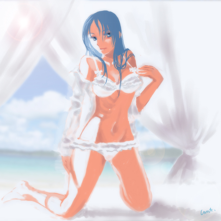 1girl, backlighting, beach, bikini, blue_eyes, blue_hair, bow, bow_bra