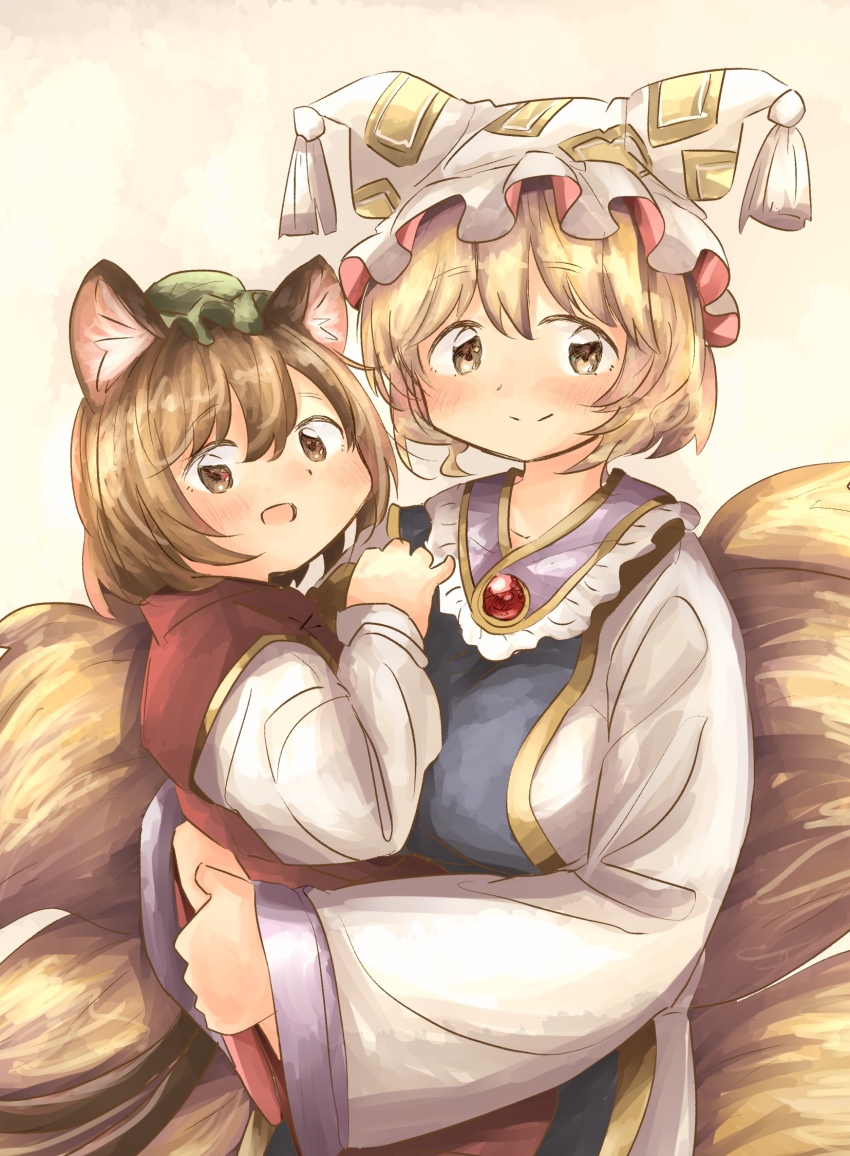 2girls, animal_ears, animal_hat, arms_up, blonde_hair, blush, brooch, brown_eyes