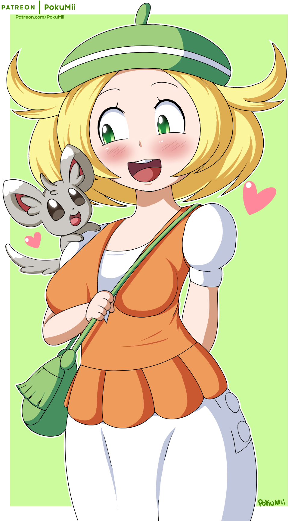 1girl, animal, animal_on_shoulder, bag, beret, bianca_(pokemon), black_eyes, blonde_hair