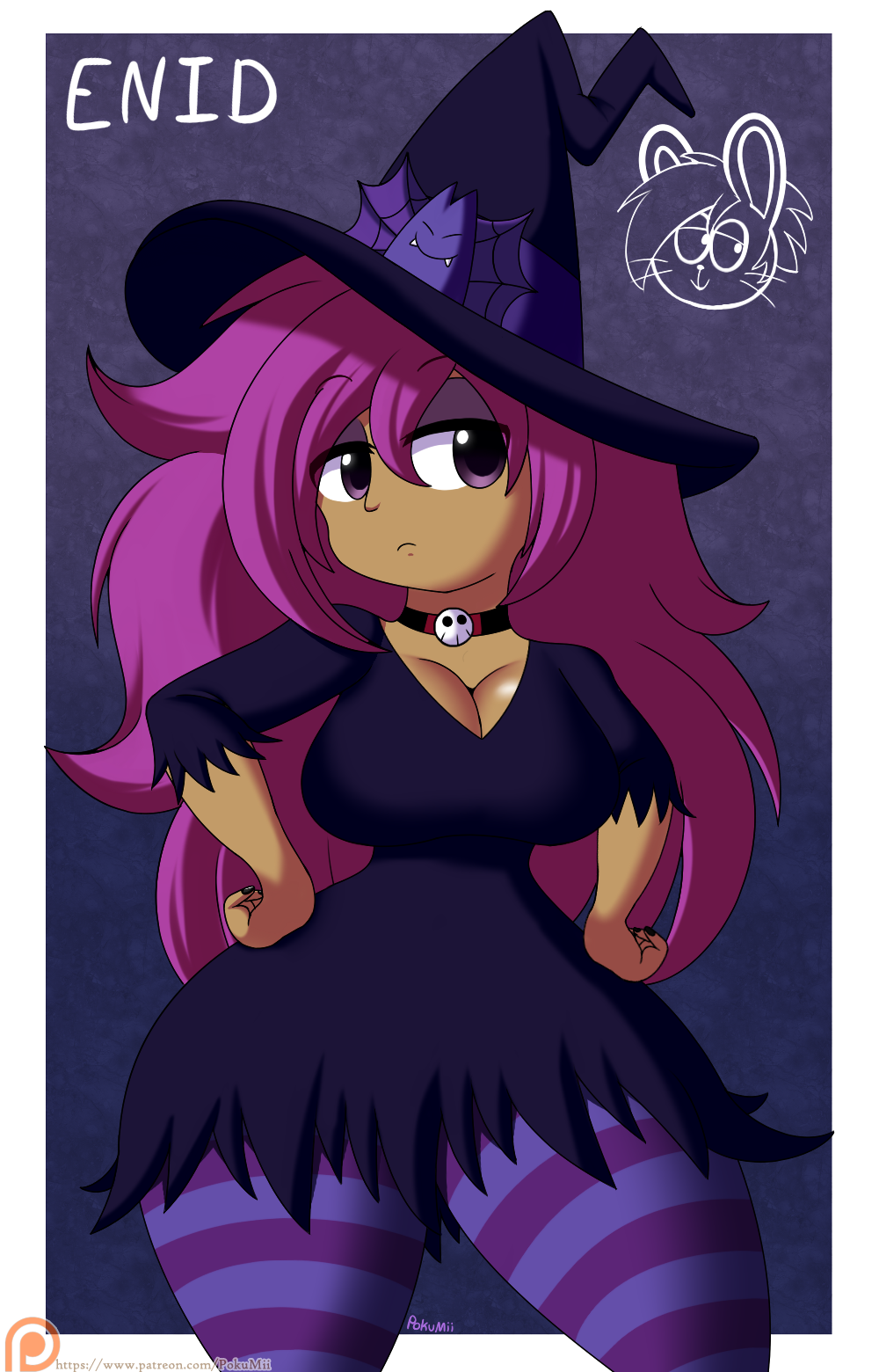 1girl, animal, animal_ears, bat_(animal), black_dress, black_hat, blue_background, breasts, cartoon_network, choker, cleavage, dark_skin, disembodied_head, dress, enid_(ok_k.o.!), eyes_visible_through_hair, eyeshadow, fangs, halloween, halloween_costume, hands_on_own_hips, hat, highres, large_breasts, long_hair, looking_at_viewer, makeup, navel, ok_k.o.!_let's_be_heroes, pokumii, purple_eyes, purple_hair, purple_thighhighs, rabbit_ears, short_sleeves, silk, skull_choker, spider_web, standing, striped_clothes, striped_thighhighs, thick_thighs, thighhighs, thighs, whiskers, wide_hips, witch, witch_hat