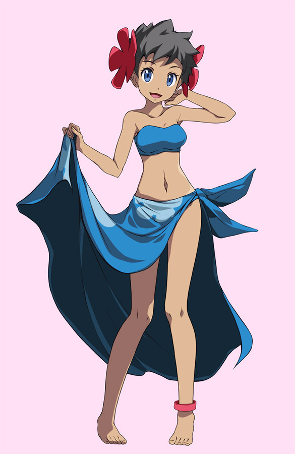 1girl, :d, anklet, arm_behind_head, bare_arms, bare_legs, bare_shoulders, bikini