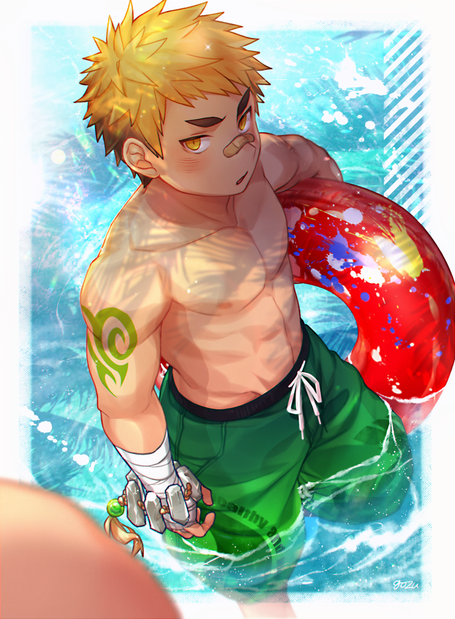 1boy, bandaid, bandaid_on_face, bandaid_on_nose, beitemian, blonde_hair, blush, brown_hair, cover, drawstring, green_eyes, green_male_swimwear, green_swim_trunks, innertube, looking_at_viewer, male_focus, male_swimwear, male_swimwear_writing, multicolored_hair, navel, nipples, ooki_ikutoshi, outdoors, pectorals, pov, print_male_swimwear, print_swimsuit, short_hair, solo, swim_ring, swim_trunks, swim_trunks_writing, swimsuit, swimsuit_writing, tokyo_houkago_summoners, toned, toned_male, topless_male, two-tone_hair, yellow_eyes