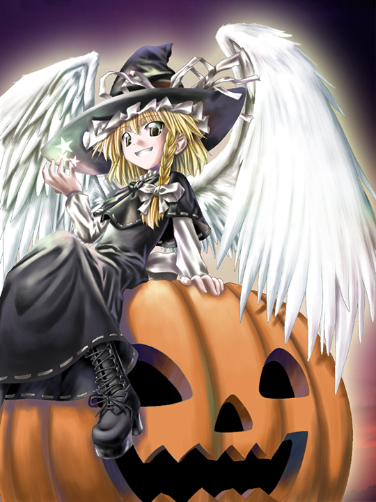 1girl, aozora_market, blonde_hair, brown_eyes, duplicate, female_focus, hat, kirisame_marisa, kirisame_marisa_(seihou), pumpkin, seihou, short_hair, shuusou_gyoku, smile, solo, touhou, wings, witch