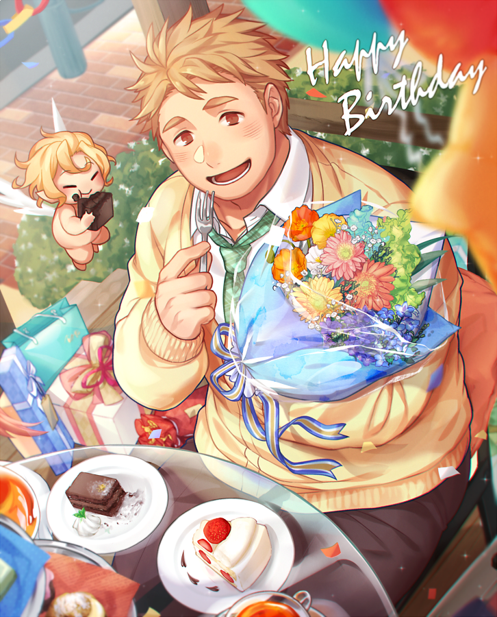 1boy, blonde_hair, bouquet, brown_eyes, brown_pants, cake, cherub, cup
