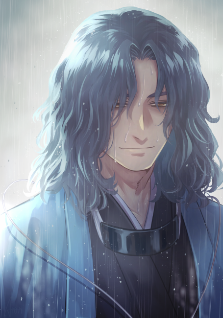 1boy, aion_kiu, black_kimono, brown_eyes, cropped_shoulders, fate/grand_order, fate_(series), grey_hair