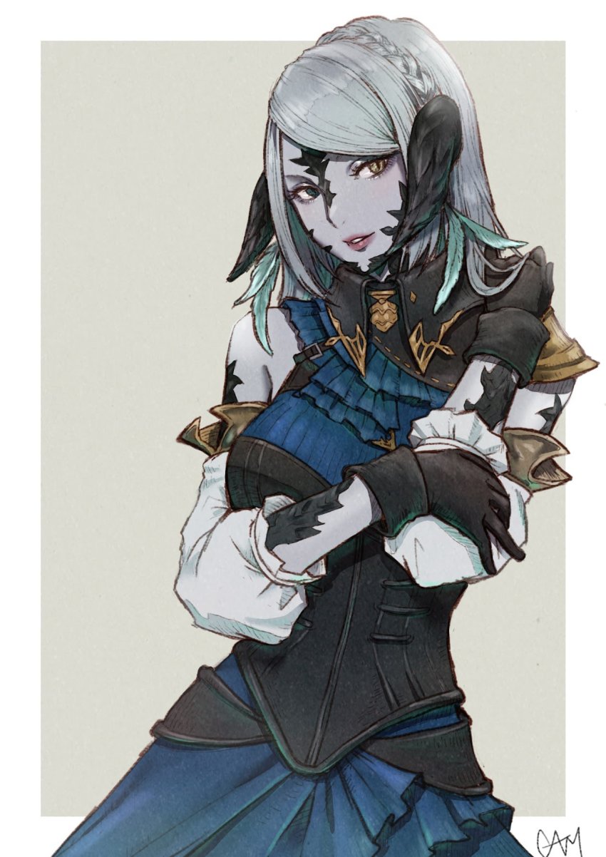 au_ra, warrior_of_light_(ff14), black_gloves, border, cam_(cammero95713700), detached_sleeves, dragon_horns, dragon_tail