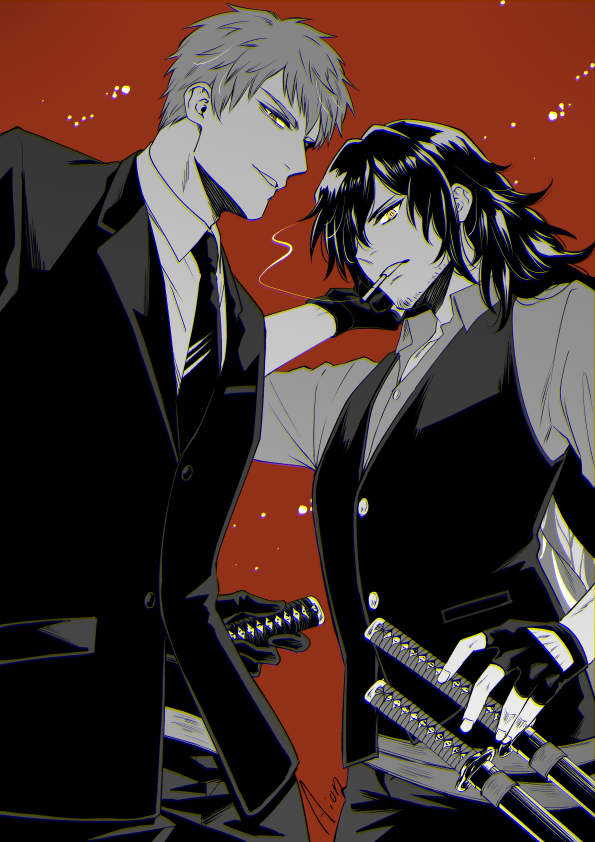 2boys, aion_kiu, black_hair, black_neckwear, cropped_legs, drawing_sword, fate/grand_order, fate_(series)