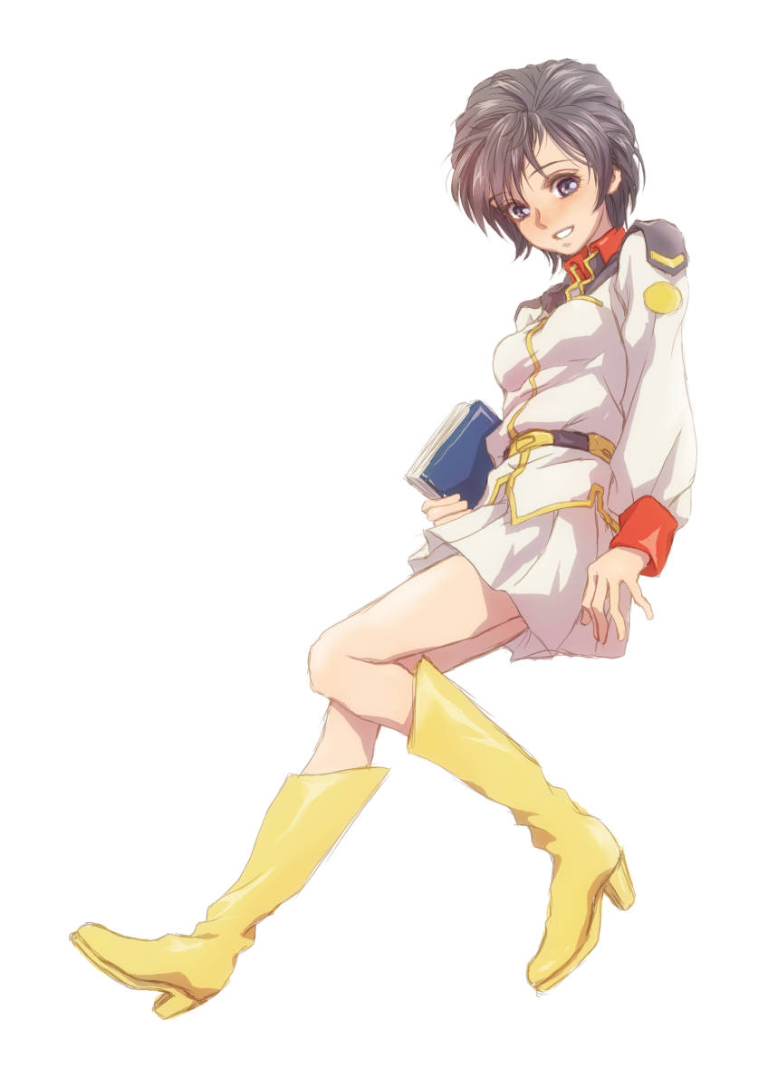 1girl, black_eyes, black_hair, book, boots, breasts, chan_agi, char's_counterattack