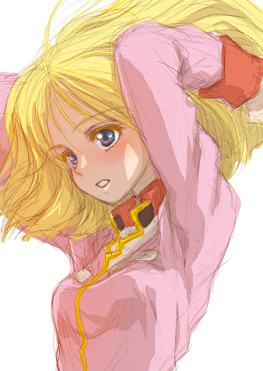 1girl, arms_behind_head, blonde_hair, blue_eyes, blush, gundam, hea-san, highres, looking_ahead, military, military_uniform, mobile_suit_gundam, sayla_mass, sketch, solo, white_background