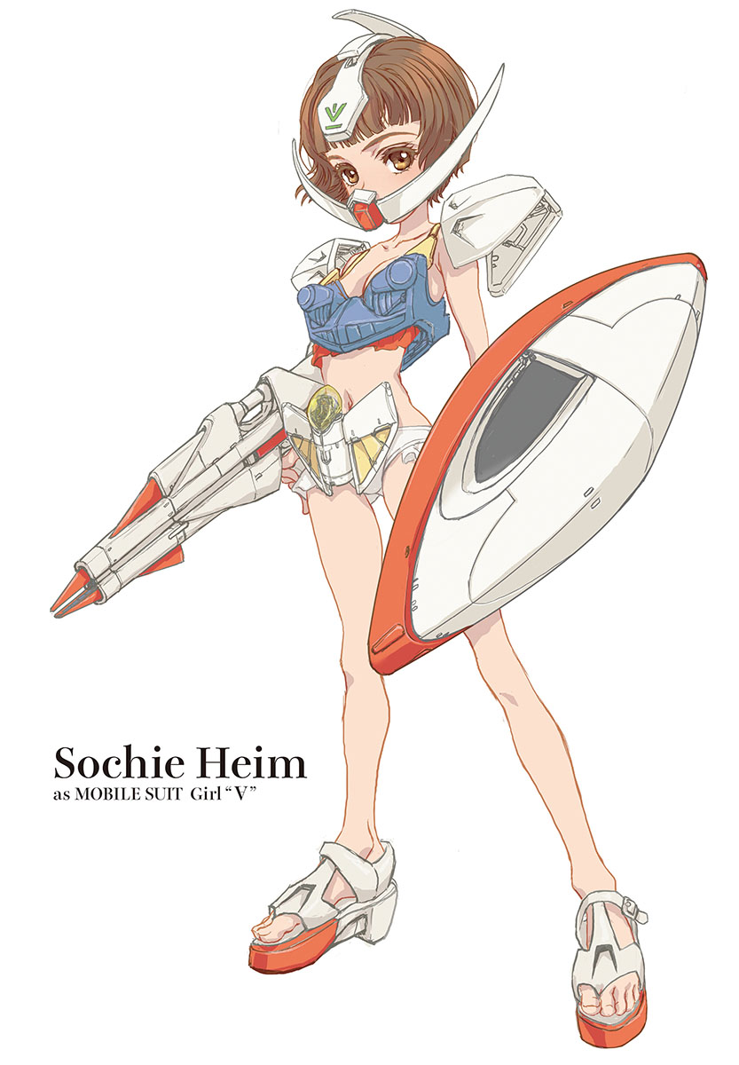 1girl, armor, bikini_armor, brown_hair, cosplay, gun, gundam, hea-san