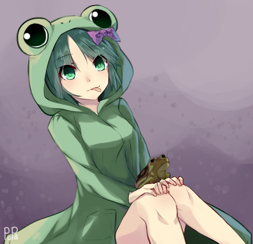 1girl, animal, animal_hood, animal_on_lap, artist_name, black_souls, closed_mouth, eyes_visible_through_hair, frog, frog_hood, frog_princess_(black_souls), green_eyes, green_hair, hands_on_own_knees, highres, hood, hood_up, on_lap, parted_bangs, pupa_jiang, short_hair, sitting, smile, tongue, tongue_out