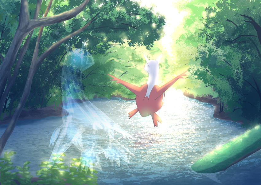 commentary_request, day, forest, from_behind, gen_3_pokemon, hatoro_kuroyoshi, latias, latios