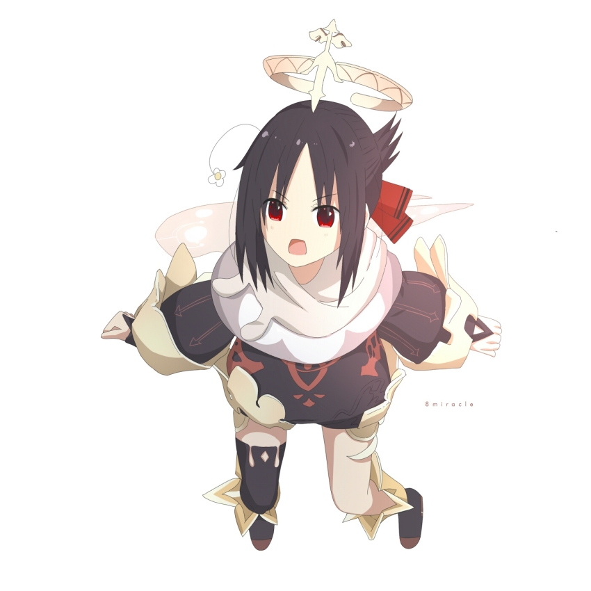 1girl, 8miracle, asymmetrical_clothes, asymmetrical_legwear, black_hair, black_romper, commentary, cosplay