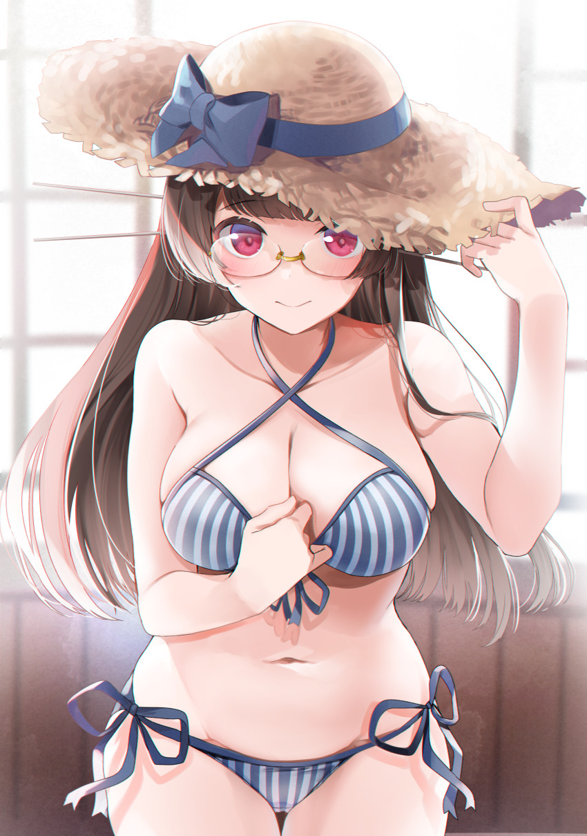1girl, absurdres, bikini, black_hair, blue_bikini, blush, breasts, choukai_(kancolle)
