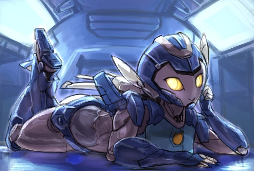 1girl, autobot, hand_on_own_cheek, hand_on_own_face, highres, looking_to_the_side, lying, mecha, oberon826, on_stomach, robot, sketch, solo, transformers, transformers:_rescue_bots, transformers:_rescue_bots_academy, whirl_(transformers), yellow_eyes