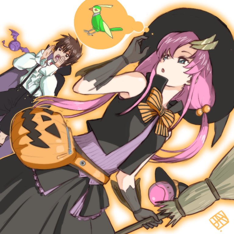 1boy, 1girl, bat_wings, blue_eyes, broom, brown_eyes, brown_hair, cape