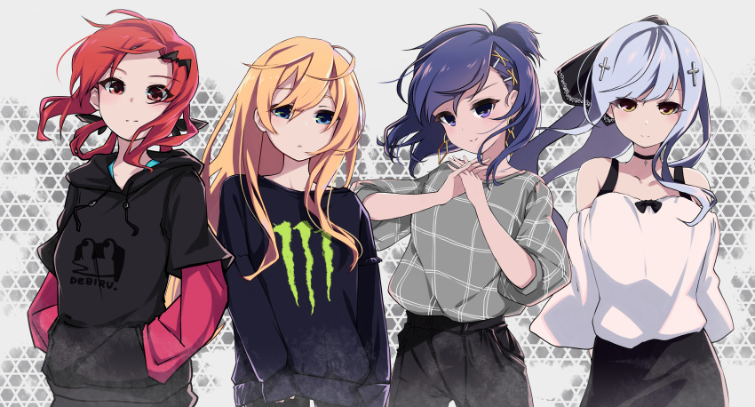 4girls, absurdres, alternate_costume, arms_behind_back, bare_shoulders, bat_hair_ornament, belt, black_hoodie