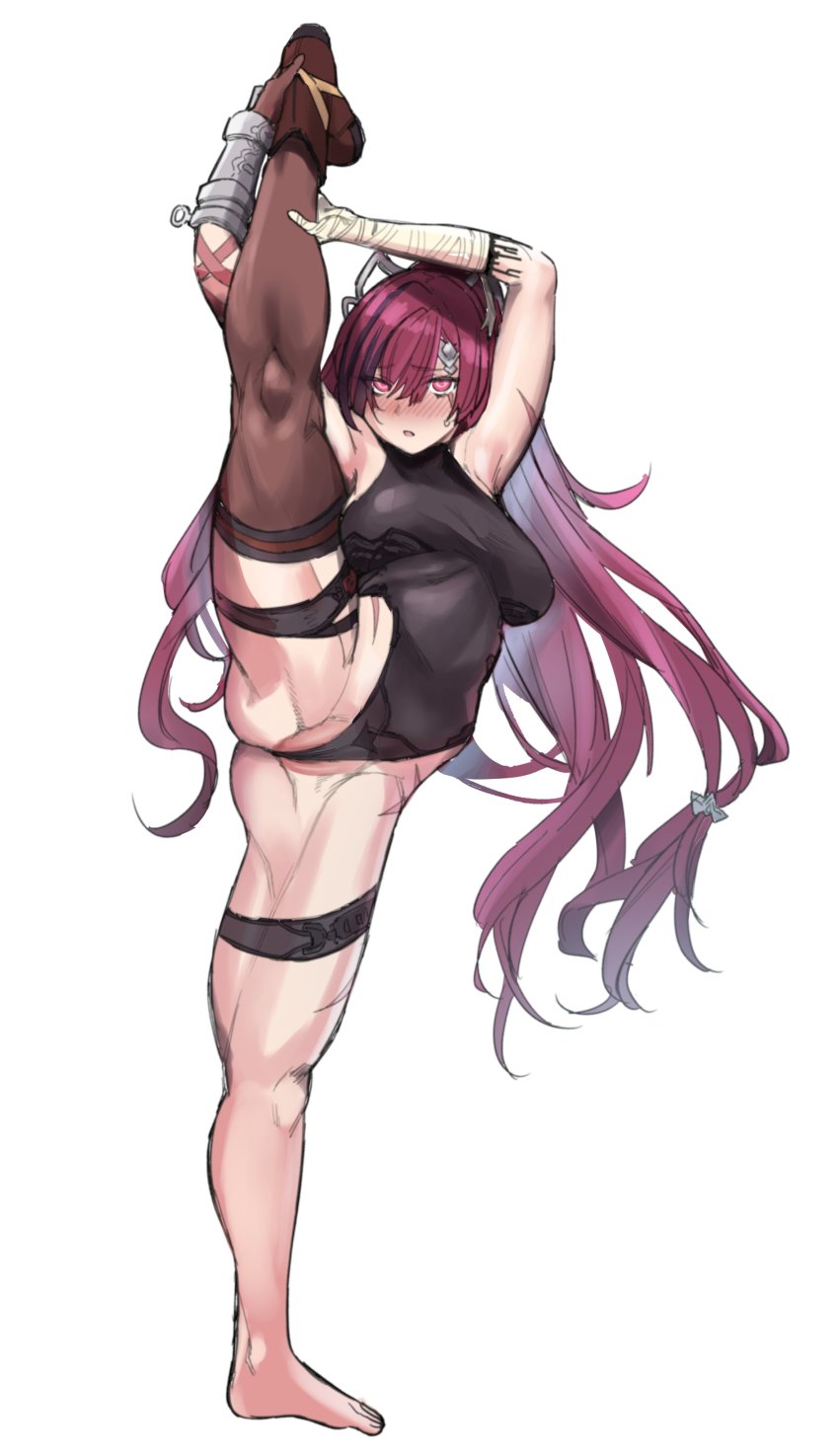 1girl, absurdres, bandaged_arm, bandaged_hand, bandages, bare_shoulders, black_leotard, blush, breasts, full_body, granblue_fantasy, highleg, highleg_leotard, highres, keoya_(keoya_01), large_breasts, leg_lift, leg_up, leotard, long_hair, looking_at_viewer, meg_(granblue_fantasy), open_mouth, pink_eyes, ponytail, purple_hair, simple_background, split, standing, standing_on_one_leg, standing_split, white_background
