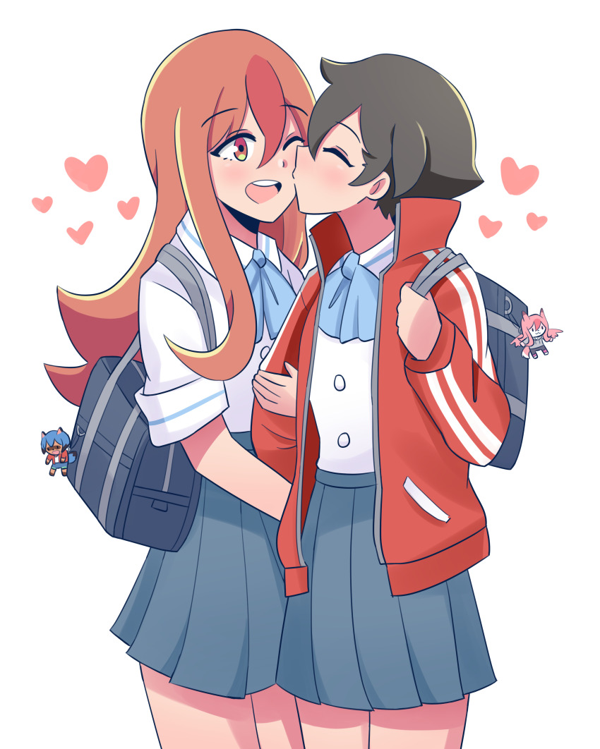 2girls, absurdres, ahoge, arm_hug, bag, black_hair, blush, bow