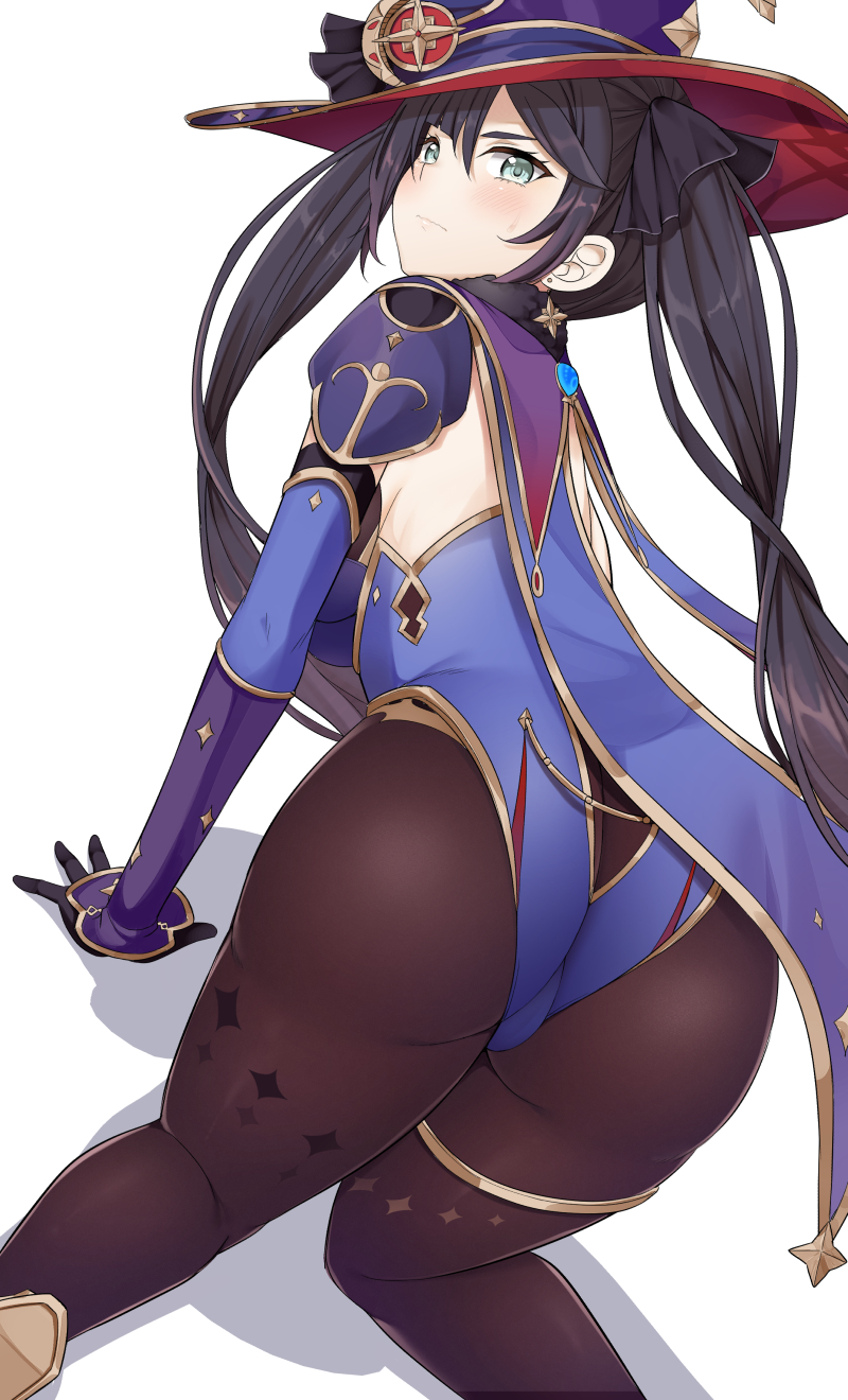 1girl, ass, blue_leotard, blush, bodystocking, bodysuit, bodysuit_under_clothes, closed_mouth, earrings, gem_(symbol), genshin_impact, hat, highres, jewelry, leotard, long_hair, looking_at_viewer, mona_(genshin_impact), nectar_(fujiya), pantyhose, purple_hat, purple_leotard, simple_background, solo, star_(symbol), star_earrings, thighlet, white_background, witch_hat