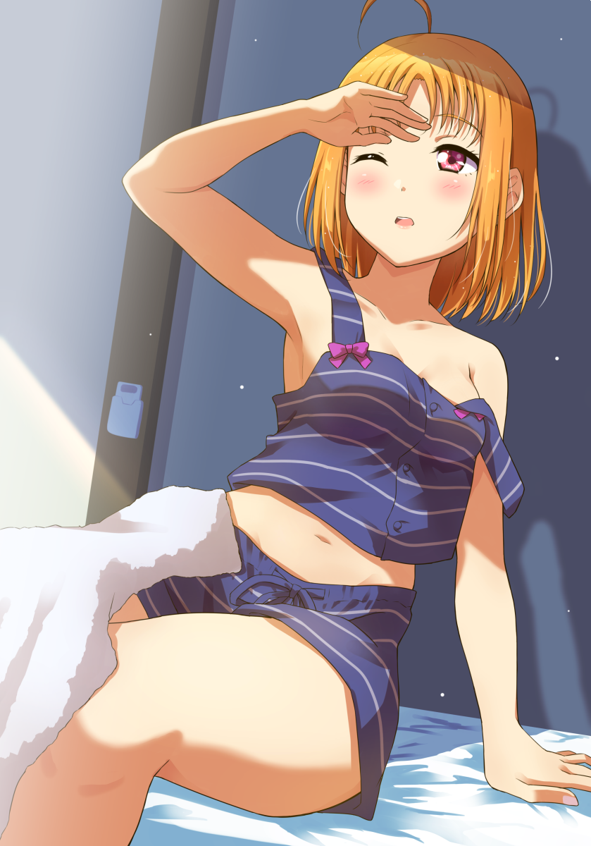 ahoge, armpits, bare_arms, bare_shoulders, blue_camisole, blue_shorts, blush, breasts