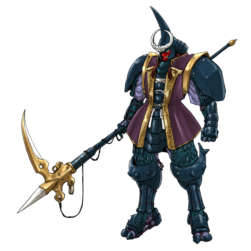 1boy, anubis/shuten_doji, armor, full_body, helmet, highres, horns, looking_at_viewer, mask, red_hair, yoroiden_samurai_troopers, samurai, scythe, shuten_doji_(samurai_troopers), solo, standing, sunrise_(company), weapon