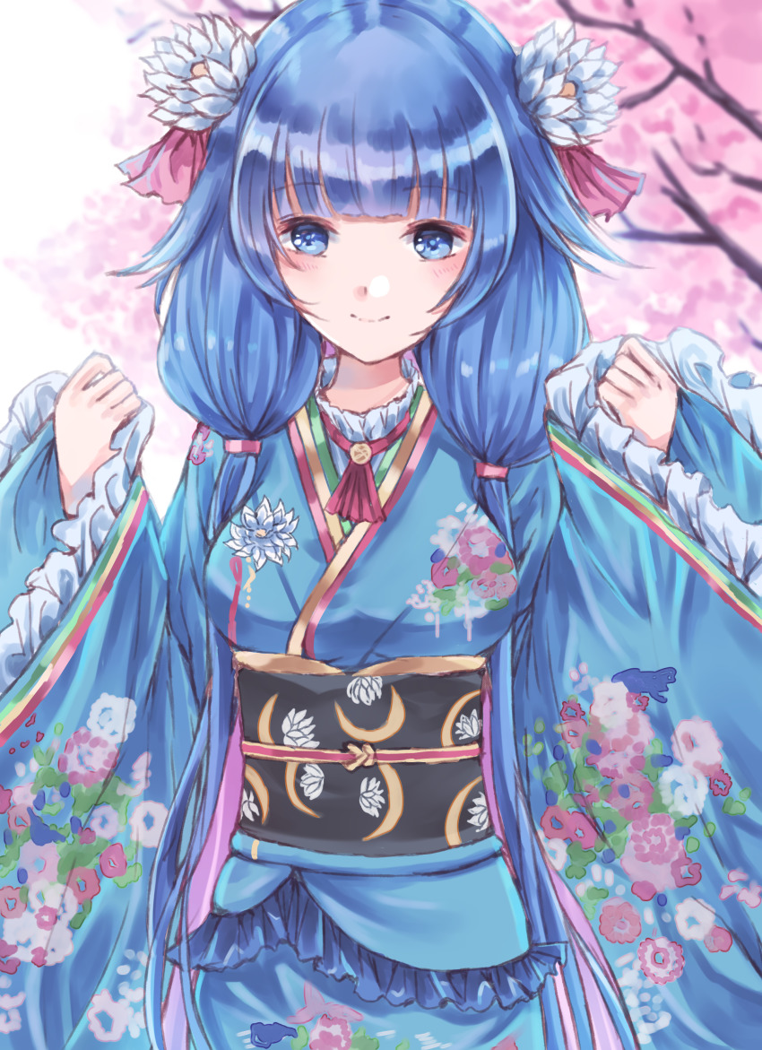 1girl, absurdres, blue_eyes, blue_hair, blue_kimono, blush, breasts, cherry_blossoms