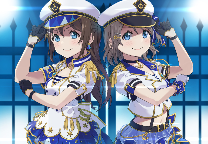 >:), 2girls, aiguillette, anchor_necklace, anchor_symbol, arm_up, black_gloves, blue_eyes