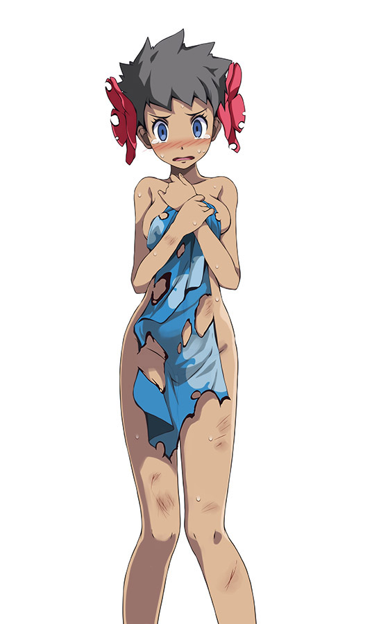 1girl, :o, bare_arms, bare_legs, bare_shoulders, black_hair, blue_eyes, blue_sarong