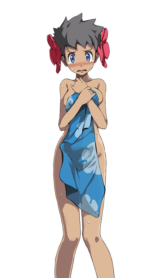 1girl, :o, bare_arms, bare_legs, bare_shoulders, black_hair, blue_eyes, blue_sarong